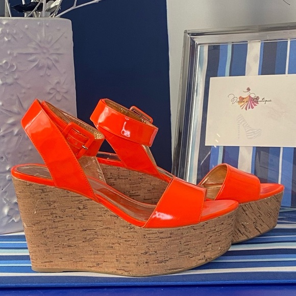 Neon orange cork BCBGENERATION platform wedge heel ankle strap sandals sz 10 - Picture 7 of 15